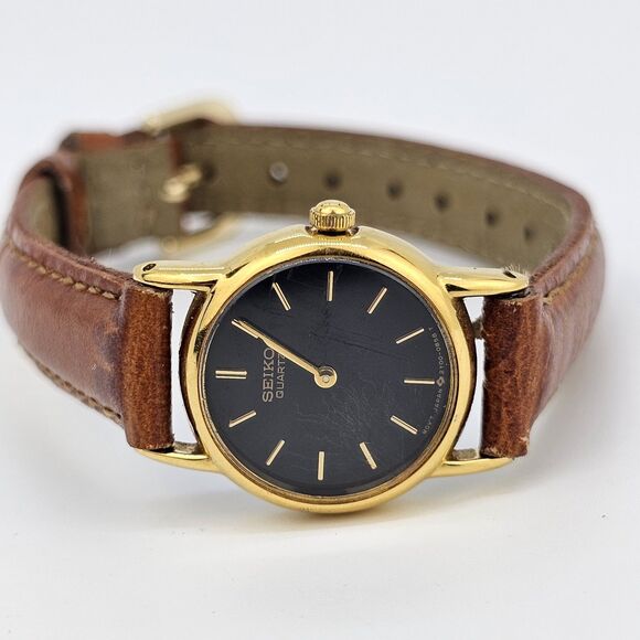 VTG Seiko Watch Women 20MM Black Dial Brown Leather Bands Up to 6.5" New Battery - Picture 1 of 14